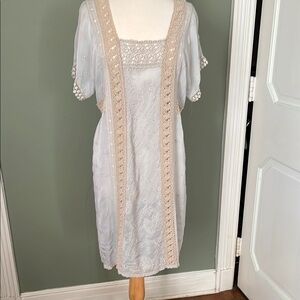NWT Johnny Was baby blue and Cream Embroidered Dress